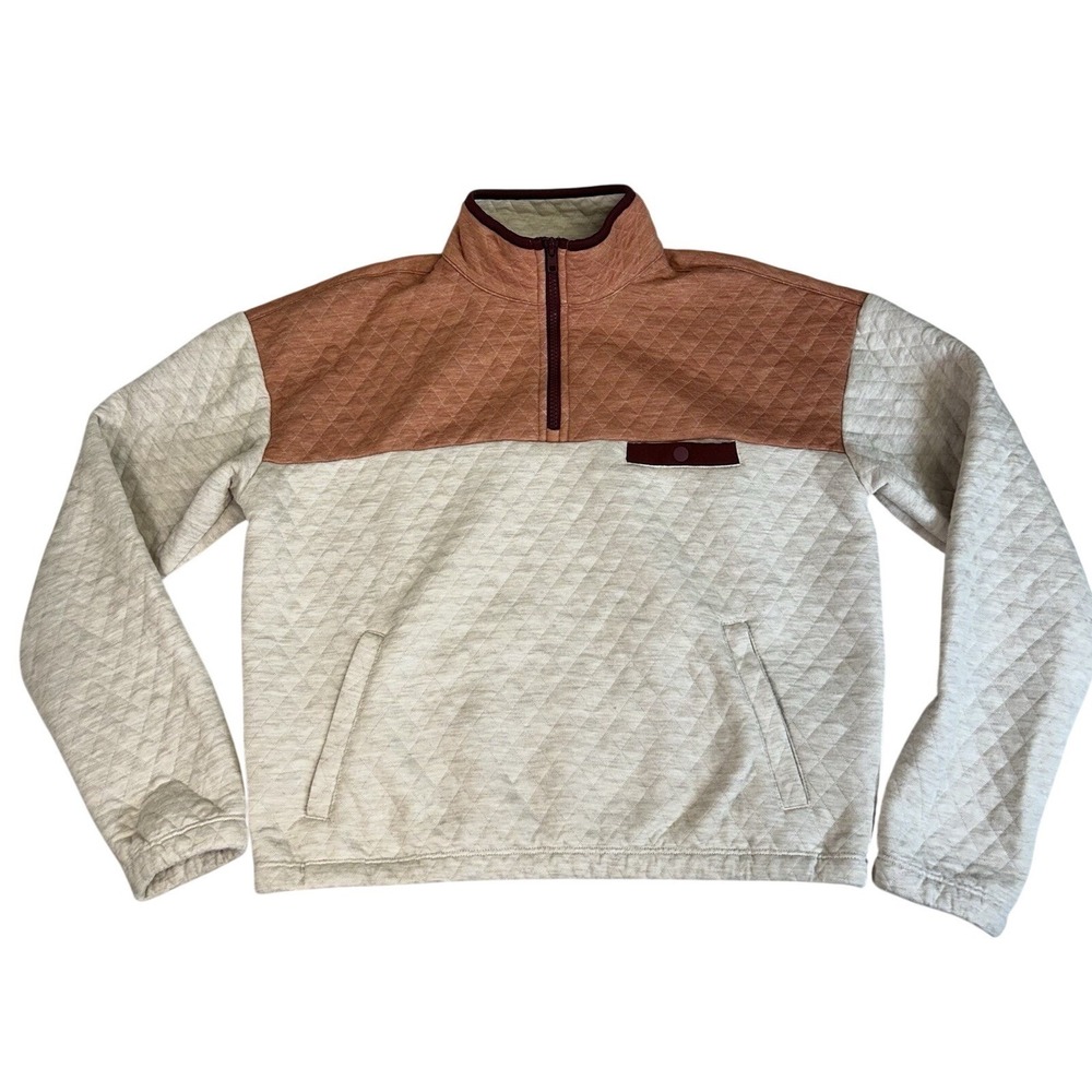 Marine Layer Corbet Pullover Tan Colorblock Quilted 1/4 Zip Peach Maroon Small - Picture 3 of 9